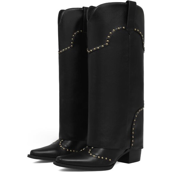Women's Black Fold Over Knee High Snip Toe Cowboy Boots Chunky Heel Classic